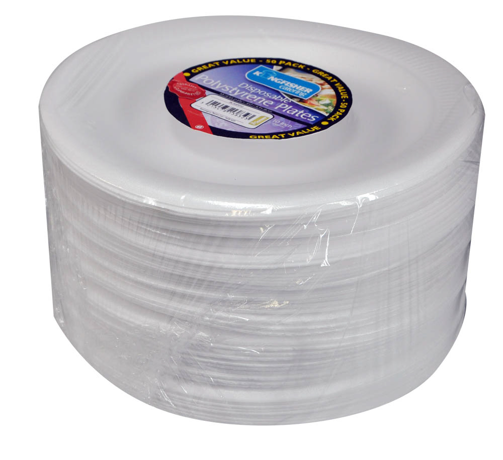 50 Pack 10Inch White Disposable Polystyrene Plates Bonningtons