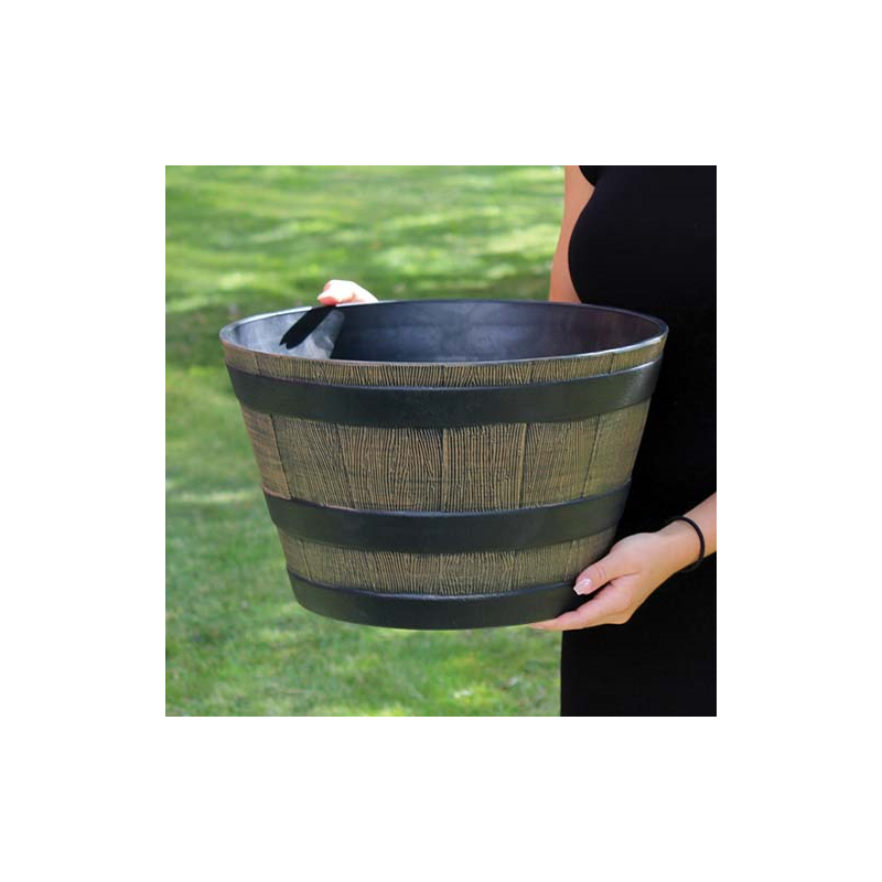 Small Wooden Barrel Effect Plastic Planter | Bonningtons