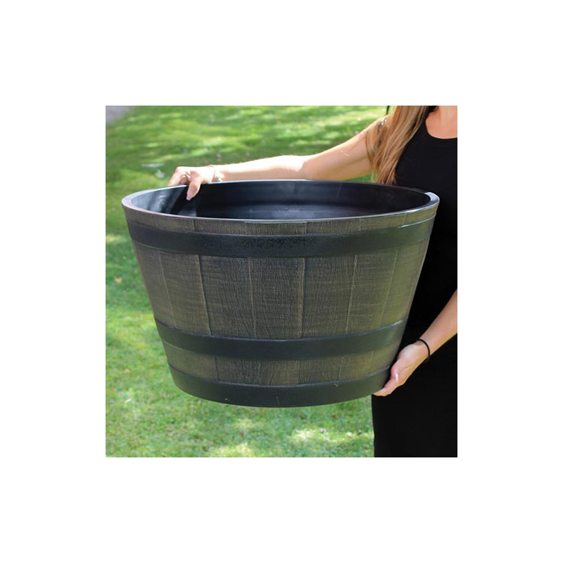 Large Wooden Barrel Effect Plastic Planter | Bonningtons