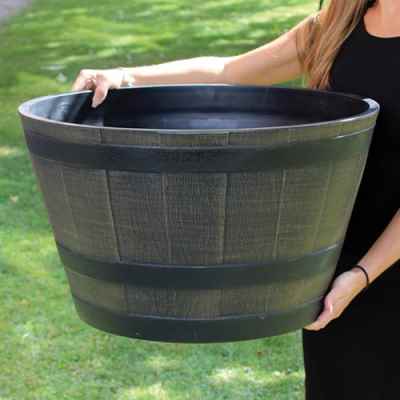 Large Wooden Barrel Effect Plastic Planter | Bonningtons