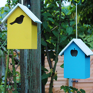 Yellow and Blue Wooden Bird Houses